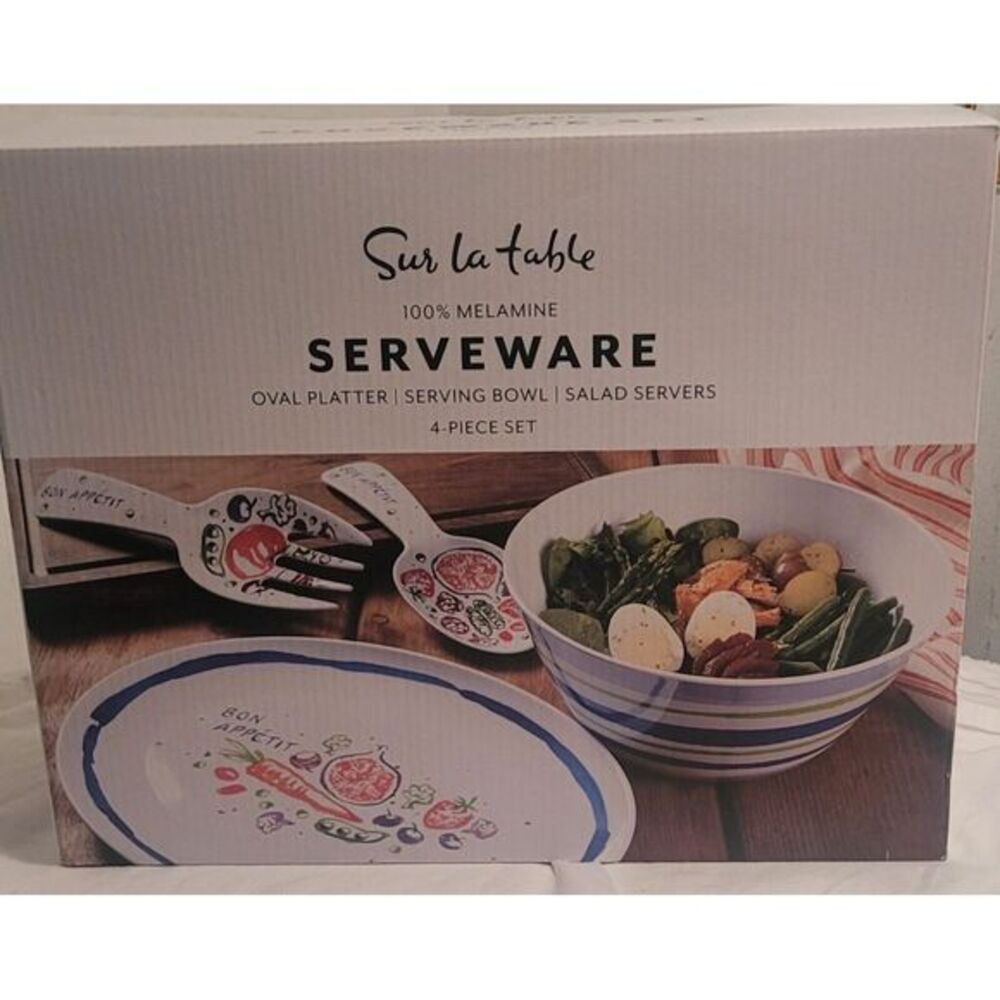 NEW Sur La Table 4-Pc. Melamine Serving‎ Set, Oval Platter, Bowl, Salad Servers